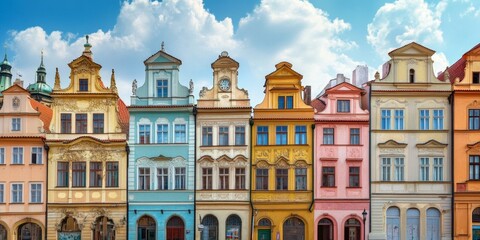 Fototapeta premium Charming European cityscape with colorful buildings under a bright blue sky. These gorgeous historical facades tell a story of architecture and culture. Perfect for travel lovers. AI