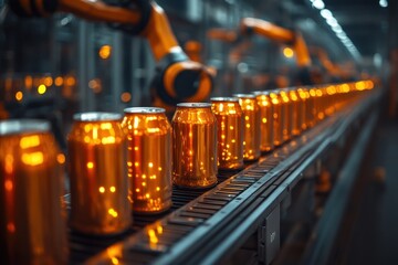 Aluminum Cans Moving on Conveyor Belt in Factory