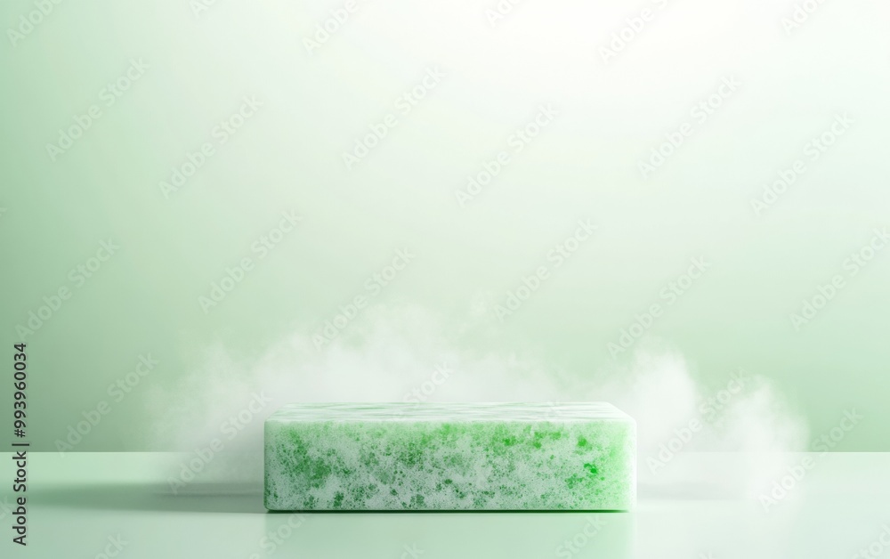 Poster minimalist green plastic podium in soft mist with spotlight effect on white gradient background