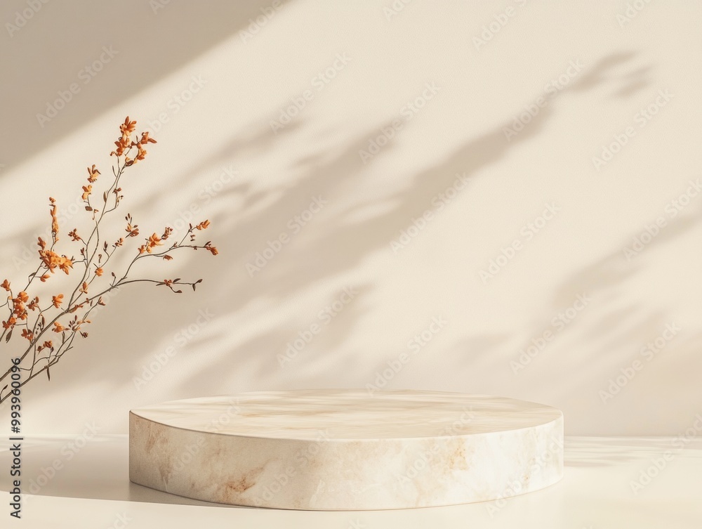 Poster elegant marble podium with orange flowers and warm light under soft shadows in minimalist cream back