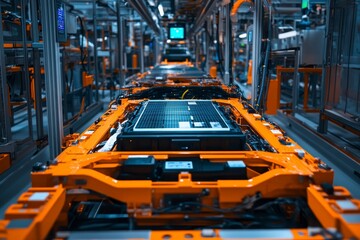 Electric vehicle battery assembly line, advanced automation, orange machinery, high-tech production environment