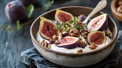 Delicious bowl of yogurt topped with fresh figs, nuts, and herbs, perfect for a healthy breakfast or dessert option.