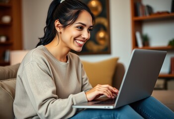 Smiling Woman Using Laptop While Sitting on a Sofa