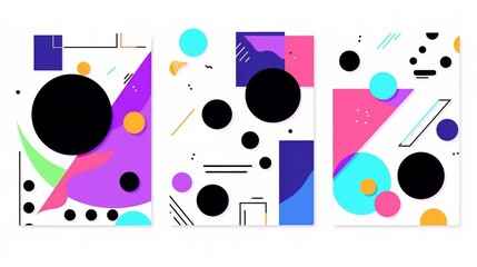 Set of modern abstract vector banners featuring flat geometric shapes in various colors with black outlines
