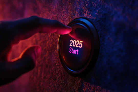 Hand Touching Start Button Illuminated with Futuristic Neon Lights