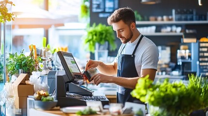 Barista Processing Payment with Credit Card Machine.