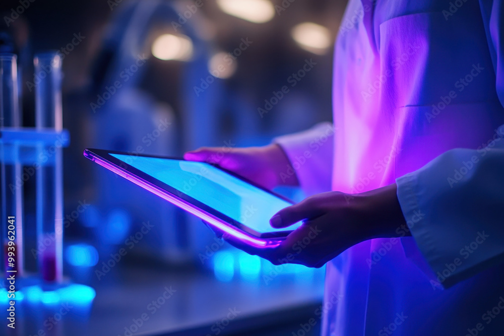 Aufkleber scientist analyzing data on tablet in a high-tech laboratory