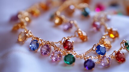 Close-up of a sparkling necklace adorned with colorful gemstones and a golden chain, showcasing exquisite craftsmanship and luxury.