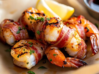 Grilled bacon wrapped shrimp served with lemon wedges and dipping sauce, grilled bacon wrapped shrimp, seafood snack