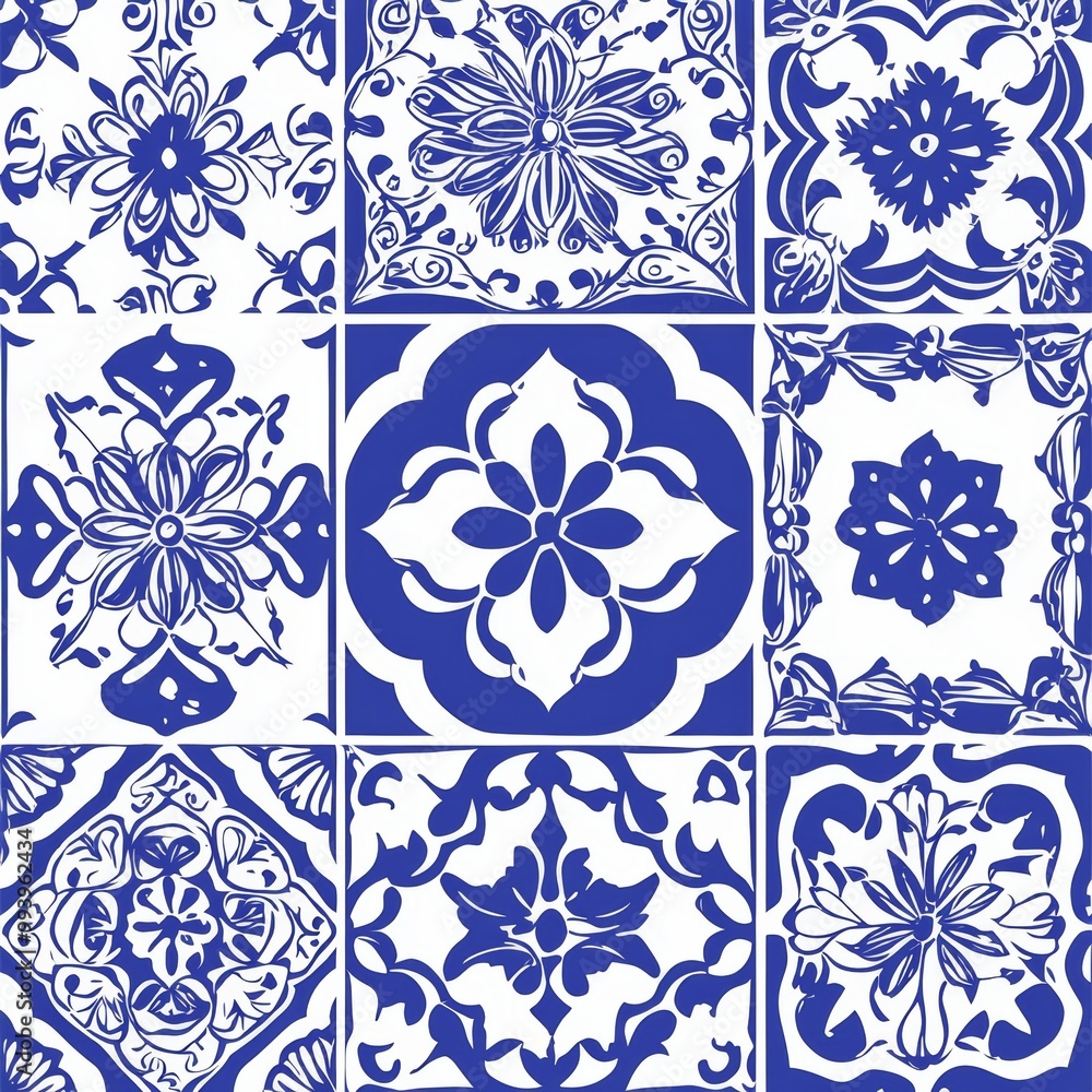 Poster this seamless pattern is reminiscent of azulejos tiles, and features a floral pattern with a blue co