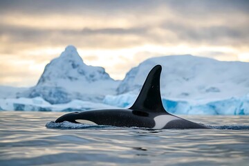 Naklejka premium Orca Whale Emerging from Water with Snowy Mountains in Background.