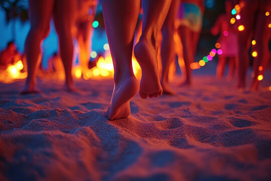 Night Beach Party with Vibrant Lights and Warm Sand