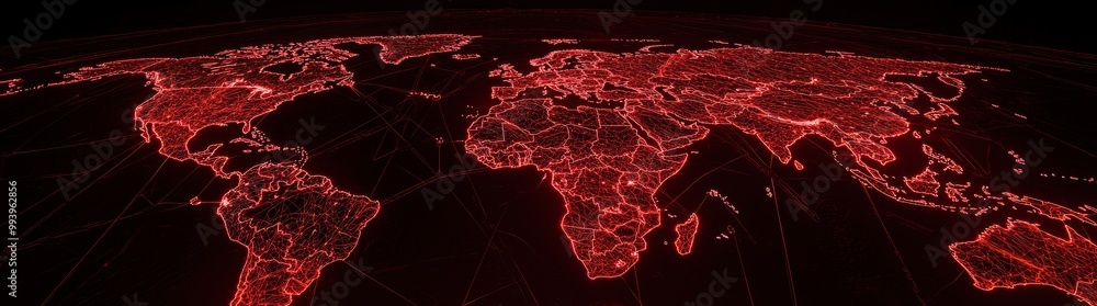 Aufkleber From space, plexus light lines connect cities and countries. Virtual continents. Hyper-large background. Concept of transferring information. 3D rendering.