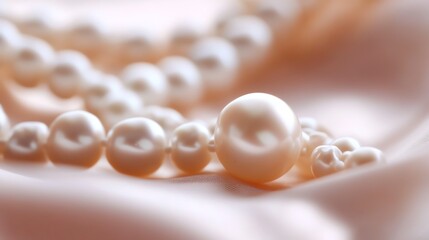 Elegant and luxurious close-up of a string of lustrous pearls resting on soft fabric, perfect for fashion and jewelry concepts.