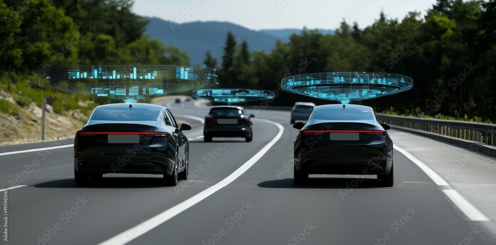 Aufkleber intelligent car (hud), autonomous self-driving mode vehicle on highway with graphic sensor radar sig