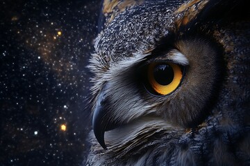 Close-up of an owl's eye with a starry night background.