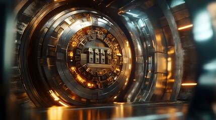 Obraz premium Futuristic metallic interior showcasing intricate details and glowing lights, ideal for technology and sci-fi themes.