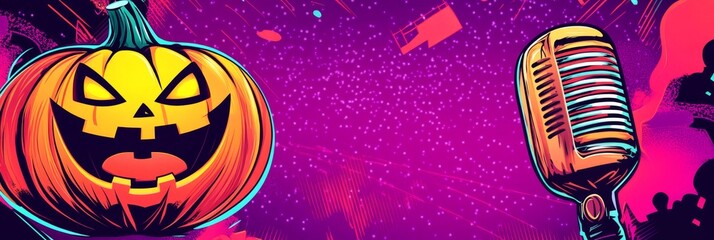 Obraz premium Join the Halloween karaoke party with neon pumpkin vibes and fun!