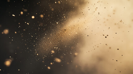 Background of dust and shards Golden flour powder explosion on dark backdrop

