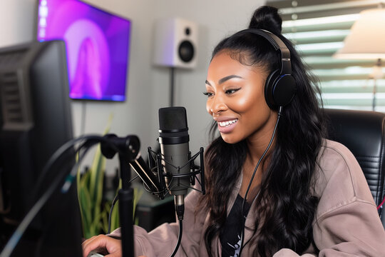 Young woman streaming or recording podcast in a modern home studio with microphone and headphones, engaging audience with a smile and professional audio setup