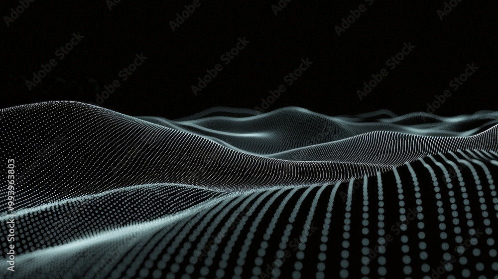 Poster A digital background with cybernetic particles, plexus geometric effect, big data with compounds, a musical wave of particles, low poly mesh, flow, and wave. 3D rendering.