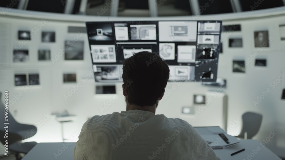 Poster A Stylish Man Uses His High-Tech Computer in the Future. He Sits at the Table in a Stylish Modern Room.