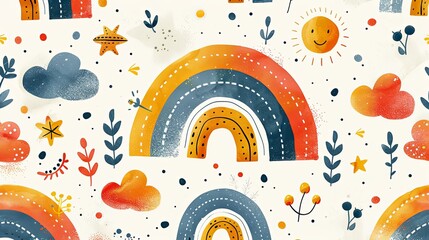 Obraz premium A playful, seamless pattern with whimsical hand-drawn elements for children's textiles, packaging, and wallpaper. Incorporate a vibrant rainbow color palette and a joyful summer theme