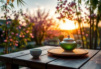 Fototapeta premium Teapot and Cup on Wooden Table with Sunset and Flowers in Background