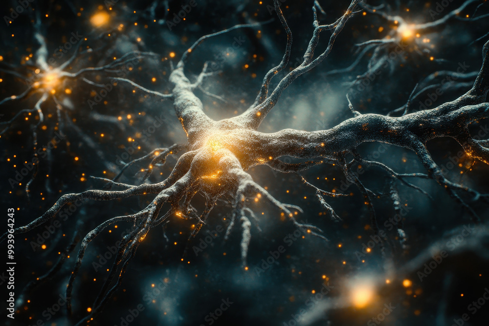 Poster glowing neural network with dark background and orange highlights