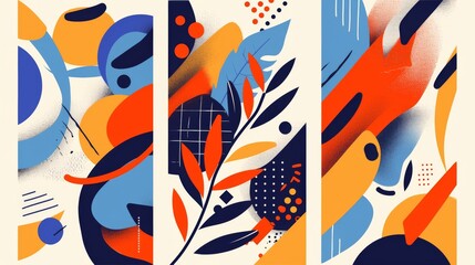 Set of modern abstract vector banners featuring flat geometric shapes in various colors with black outlines