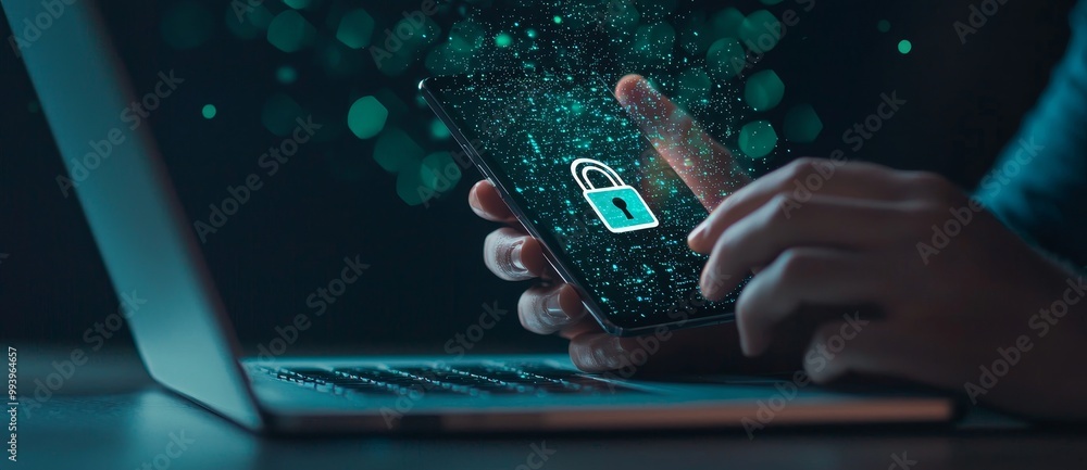 Aufkleber Information privacy and cyber security concept in the internet technology world. Businessman working on smartphone shows padlock protecting financial and business information.