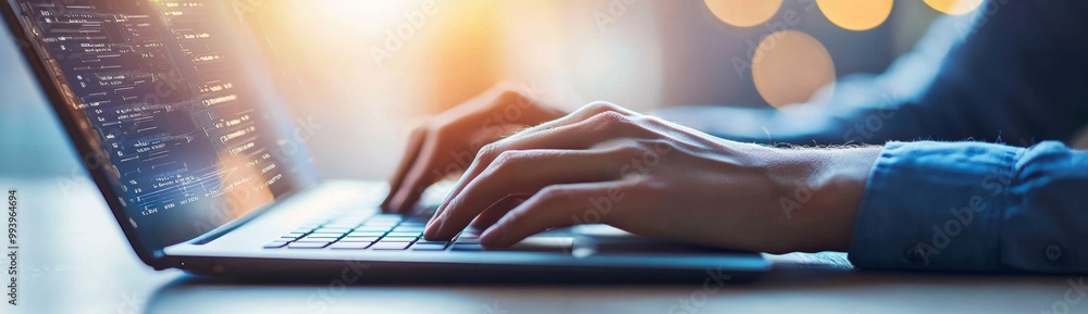 Poster Analyzing financial data on futuristic virtual interface using laptop and algorithms. Digital technology, business strategy, and global business development.
