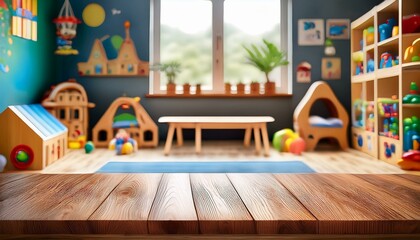 Empty wooden tabletop on the background of a children's room for a product presentation. Countertop in the interior with toys. table and chairs