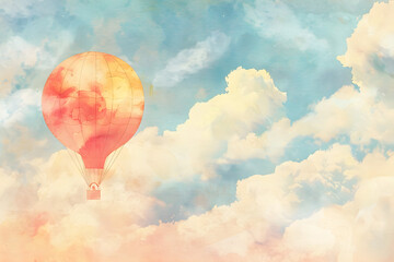 Fototapeta premium A whimsical watercolor depiction of a hot air balloon floating among soft, pastel-colored clouds.