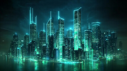 Obraz premium A misty, nocturnal skyline with illuminated buildings evoking a cyberpunk ambiance 