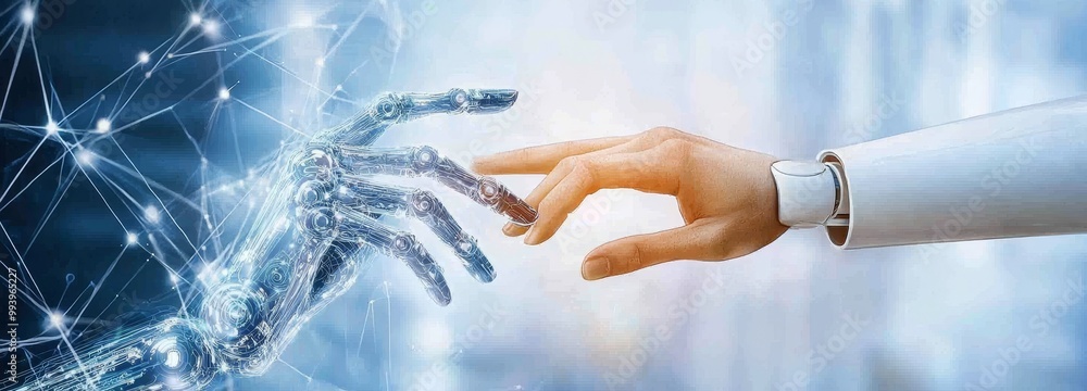 Aufkleber Using AI and machine learning in conjunction with robots and humans touching on networks of big data, sharing data, enacting deep learning, science and technology development, and innovation of the