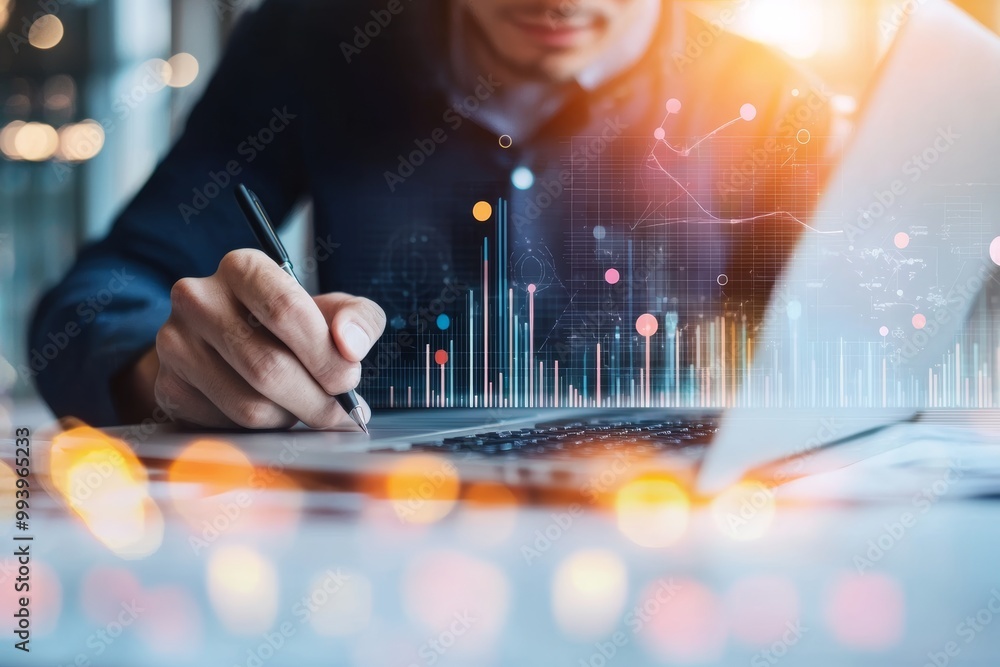 Aufkleber Data flow graph, digital neural network, stock markets. Businessman analyzes and visualizes complex information on a virtual screen using stock.