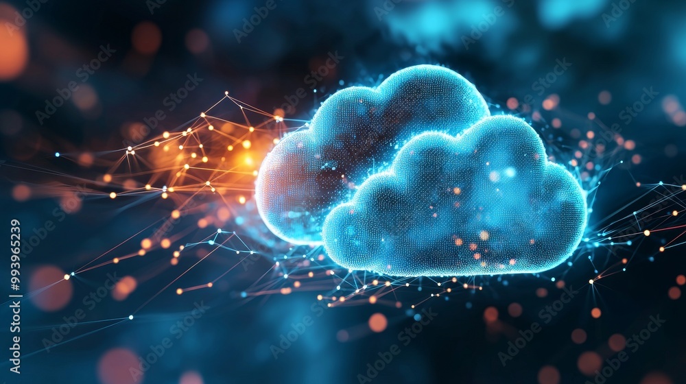 Leinwandbilder Web futuristic hologram with cloud icon, golden digits and code background. Abstract motion of digital data flow.