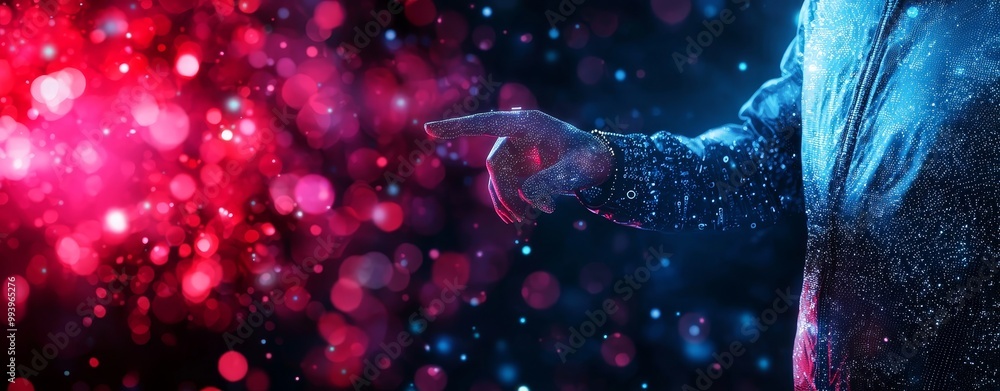 Poster An AI Stock is a concept of Data Science and Information Technology where a businessman is touching on AI machine learning on a virtual screen while he is involved with big data and a computer