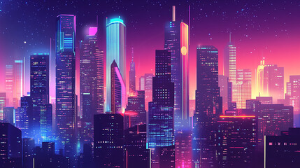 Futuristic Cityscape with Neon Blue Lights at Night
