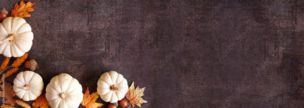Poster fall corner border of white pumpkins with muted orange and brown autumn decor. overhead view on a ru