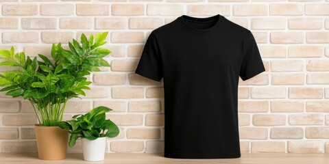 Brick background with a black t-shirt.