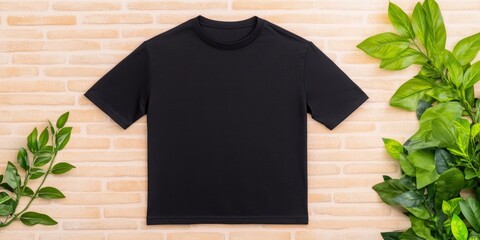 Brick background with a black t-shirt.