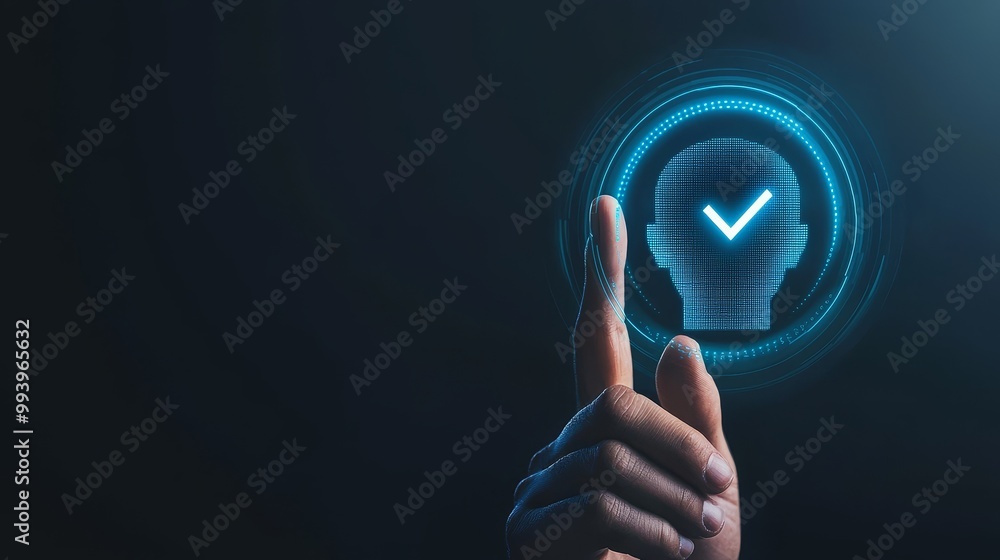 Poster in this picture, a businessman holds a symbol of identity verification for increasing financial secu