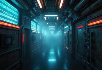 Futuristic Spaceship Corridor with Glowing Lights