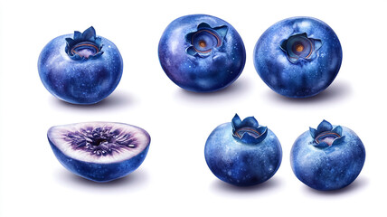 Obraz premium Detailed digital rendering of blueberries showcasing different angles and a cut-open fruit, highlighting its rich color and texture