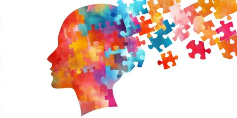 Colorful puzzle pieces forming the profile of a head to symbolize mental health and memory care