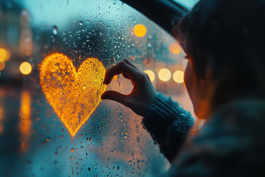 Woman Drawing Heart on Rainy Window with Reflective City Lights