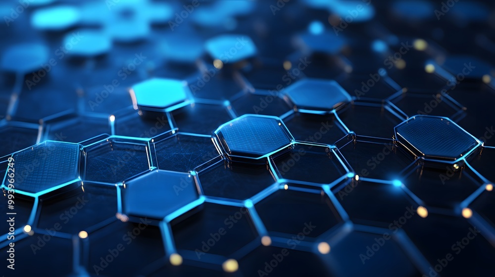 Poster abstract blue hexagonal pattern with glowing lines