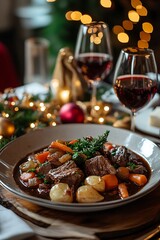 Beef Stew with Potatoes, Carrots, and Onions, Festive Setting.